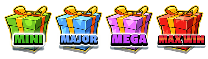 Jackpot gifts representing Mini, Major, Mega, and Max Win tiers